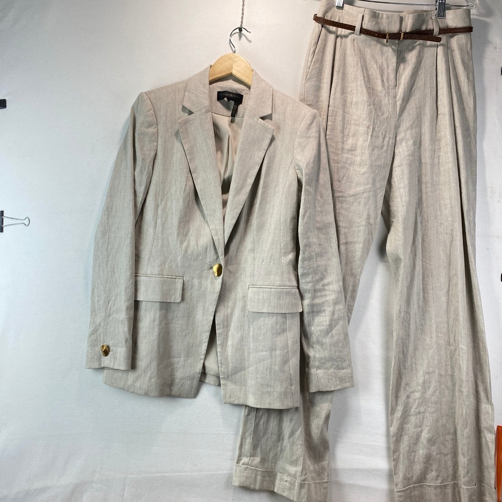 Donna Karan New York Women 4 Oatmeal Linen Blend Wide Leg Pant Suit Belted Set